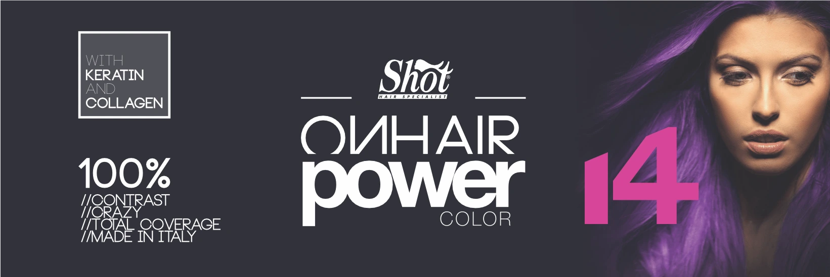 Shot - On Hair Power Color - POWERCOLOR es la nueva formulación exclusiva de Shot, un color por oxidación de última generación con concentración Extra-poderosa de pigmentos colorantes 3D de alta adherencia, rico en sustancias nutrientes y regenerantes a base de Colágeno y Keratina. PowerColor es perfecto para coloraciones totales o parciales, para obtener efectos NEÓN, asegurando colores intensos, cobertura de canas y larga duración, en una serie de tonos absolutamente únicos.