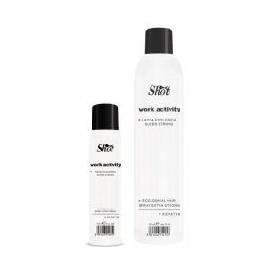 Shot Hair España - Work Activity - LACA ECO LOGICA SUPER STRONG + KERATINA Fijación extra fuerte pero dejando elástico el cabello gracias a la keratina. Antihumedad y protector del color, con efecto brillo.